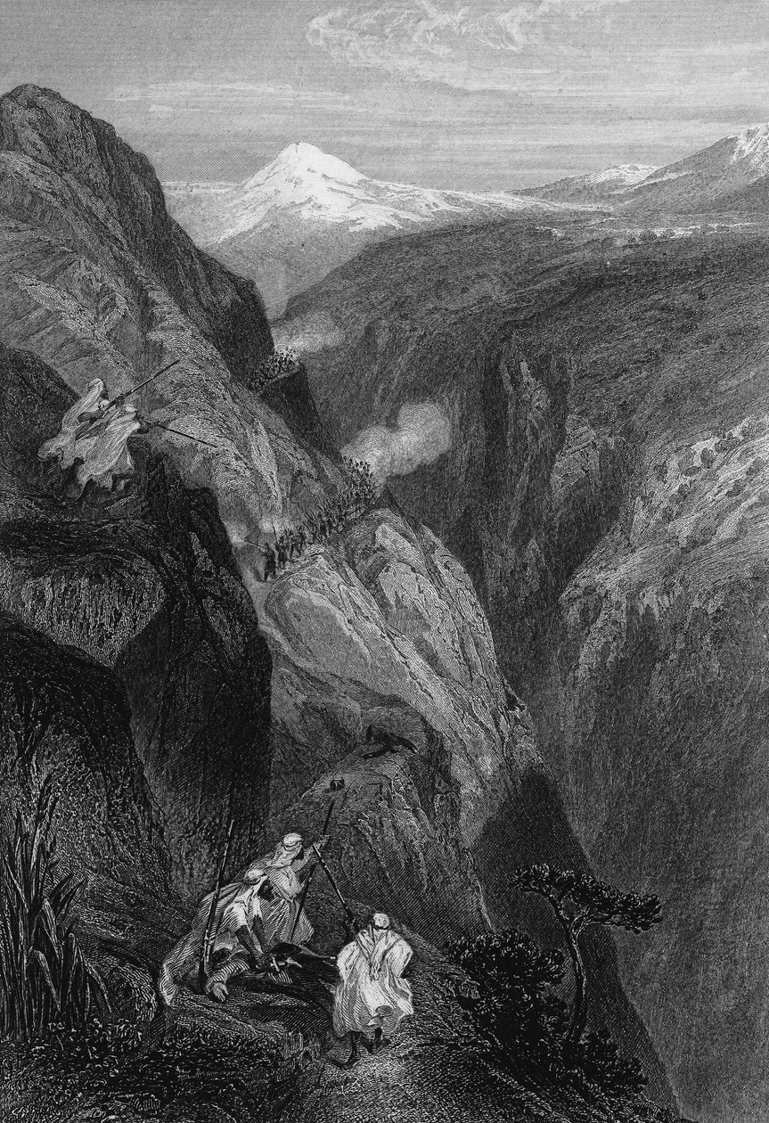 منظر لمدينة موزة ، ممر جبل أطلس الذي عبره الجيش الفرنسي في عام 1830 ، في الجزائر في القرن التاسع عشر ، في "L'Algerie ancienne et moderne" بقلم ليون غاليبرت بواسطة فنان غير معروف