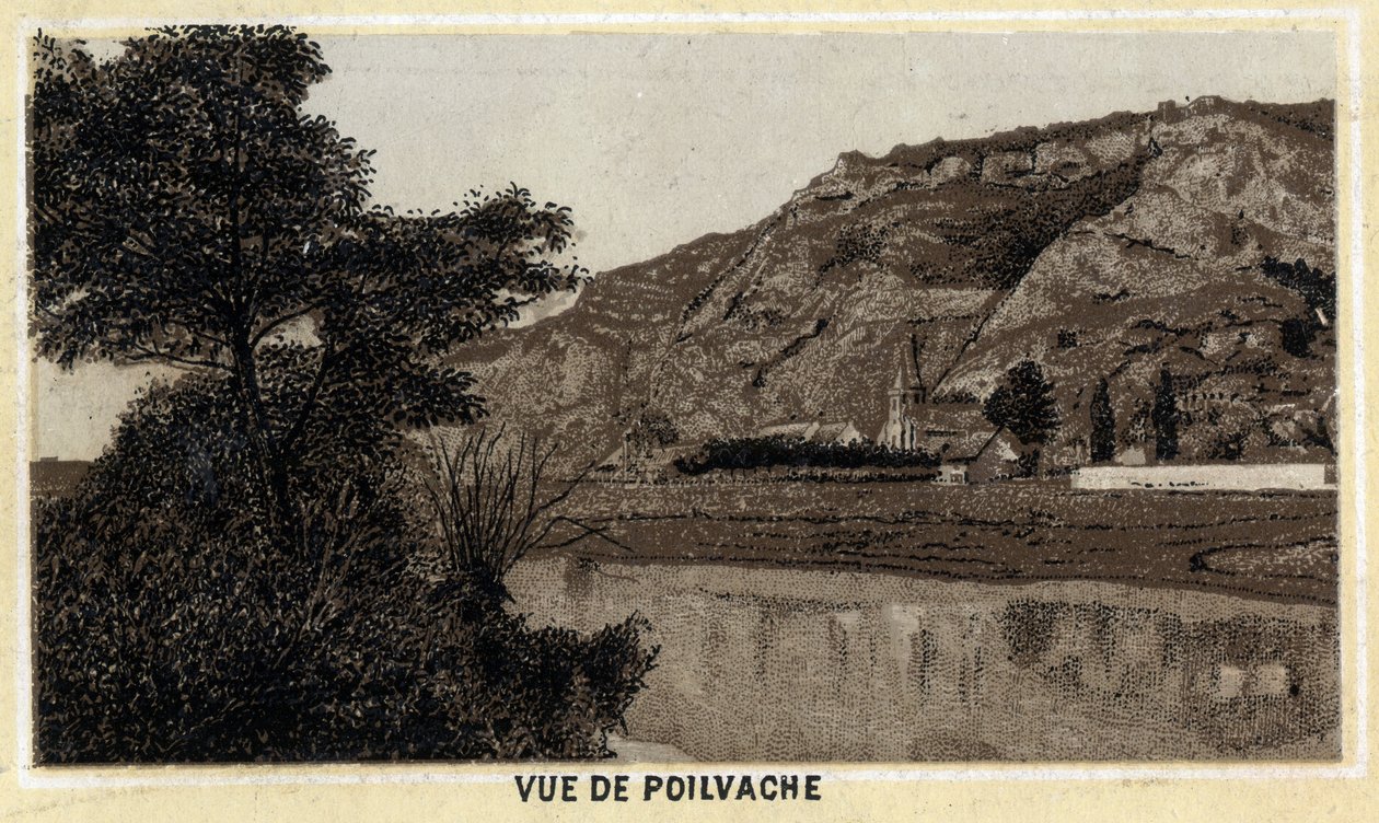 منظر لقرية Poilvache ، Vallee de la Meuse ، بلجيكا. الطباعة الحجرية الملونة في أواخر القرن التاسع عشر. بواسطة فنان غير معروف
