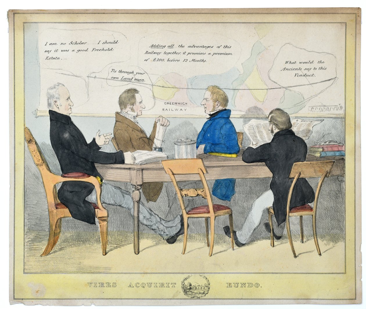 Vires Acquirit Eundo (نحن نجمع القوة بينما نمضي قدمًا)، حوالي 1835 (طباعة حجرية ملونة يدويًا على الورق) بواسطة فنان غير معروف