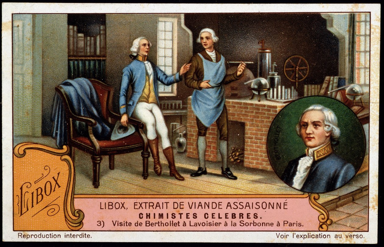 زيارة Berthollet إلى Lavoisier في جامعة Sorbonne في باريس - العلامة الإعلانية Libox. Chromolithogrpahie من القرن التاسع عشر. بواسطة فنان غير معروف