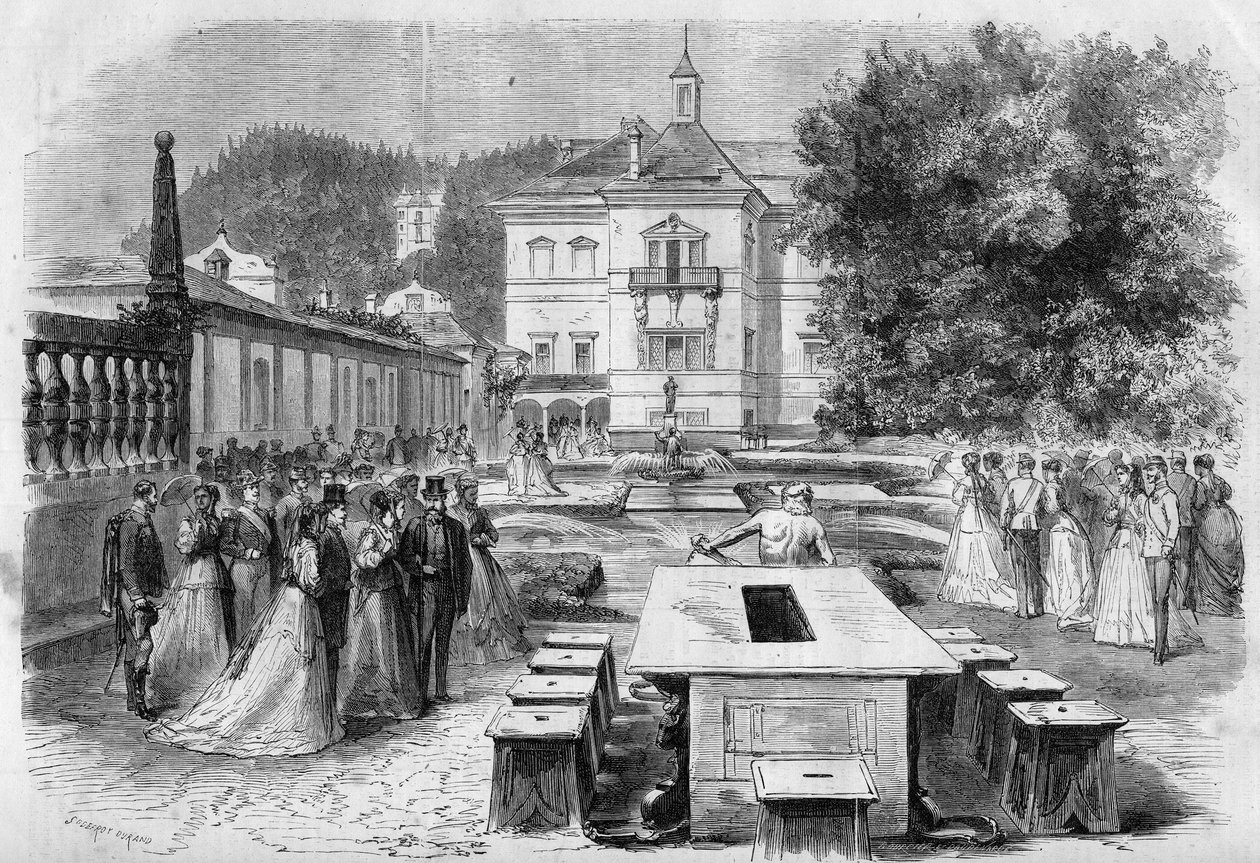 زيارة الإمبراطور فرانسوا جوزيف (1830-1916) وإمبراطورة النمسا إليزابيث (سيسي) (1837-1898) مع أوجيني (1826-1920) ، إمبراطورة الفرنسيين ونابليون الثالث إلى المقر الإمبراطوري لهيلبرون في النمسا في 21 أغسطس بواسطة فنان غير معروف