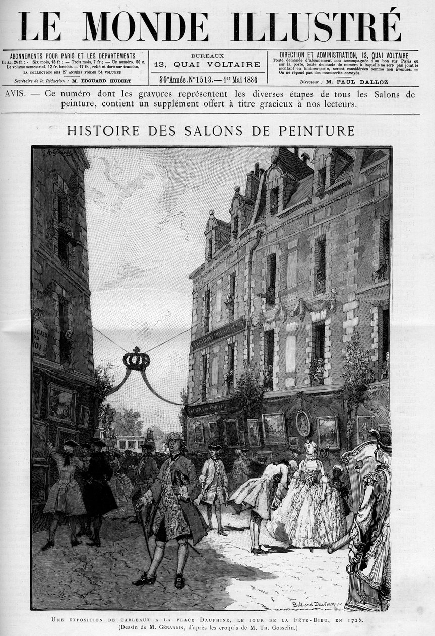 زيارة معرض اللوحات في Place Dauphine في Ile de la Cite في باريس ، في يوم fete dieu (fete dieu) عام 1725. نقش في "" Le Monde illustrious " بواسطة فنان غير معروف