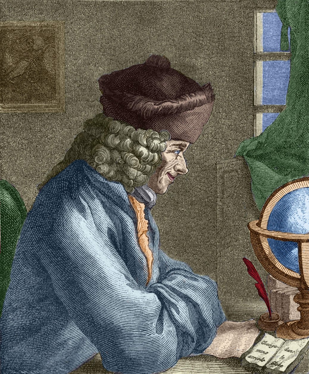 فولتير (1694-1778) في مكتبه في فيرناي. بواسطة فنان غير معروف