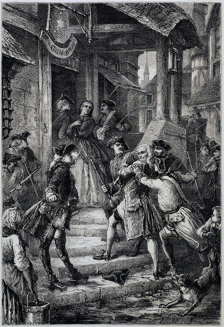تم القبض على فولتير (1694 - 1778) في فرانكفورت عام 1753 بأمر من فريدريك الثاني - في هيستوار دو فرانس من أبعد الأوقات حتى عام 1789 من قبل إم. بواسطة فنان غير معروف