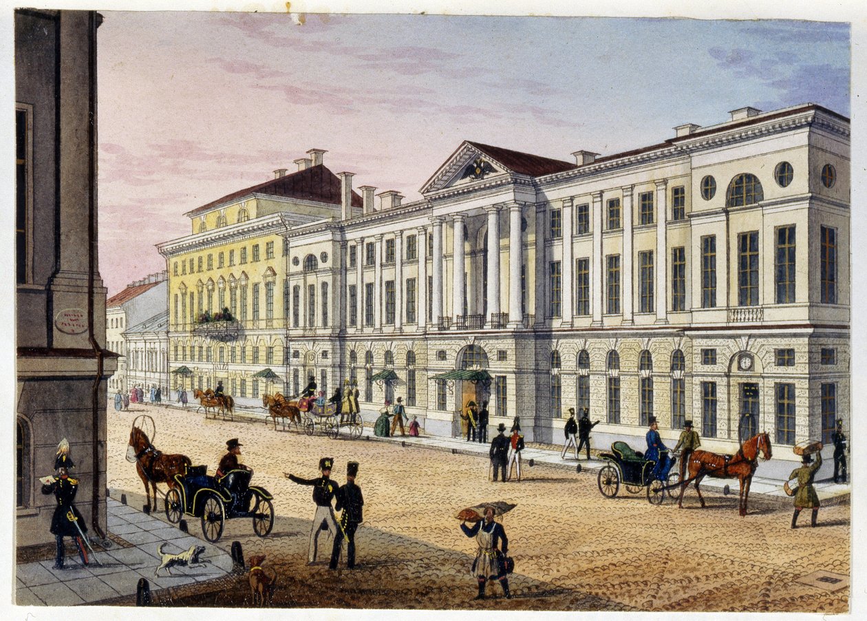 منظر خارجي لـ Hotel des Postes de Saint Petersburg (Album de Marie Taglioni) (فندق Post في سانت بطرسبرغ (ألبوم ماري تاجليوني). نقش مجهول وألوان مائية ، 1840. موسكو ، متحف الدولة لـ AS بوشكين. بواسطة فنان غير معروف