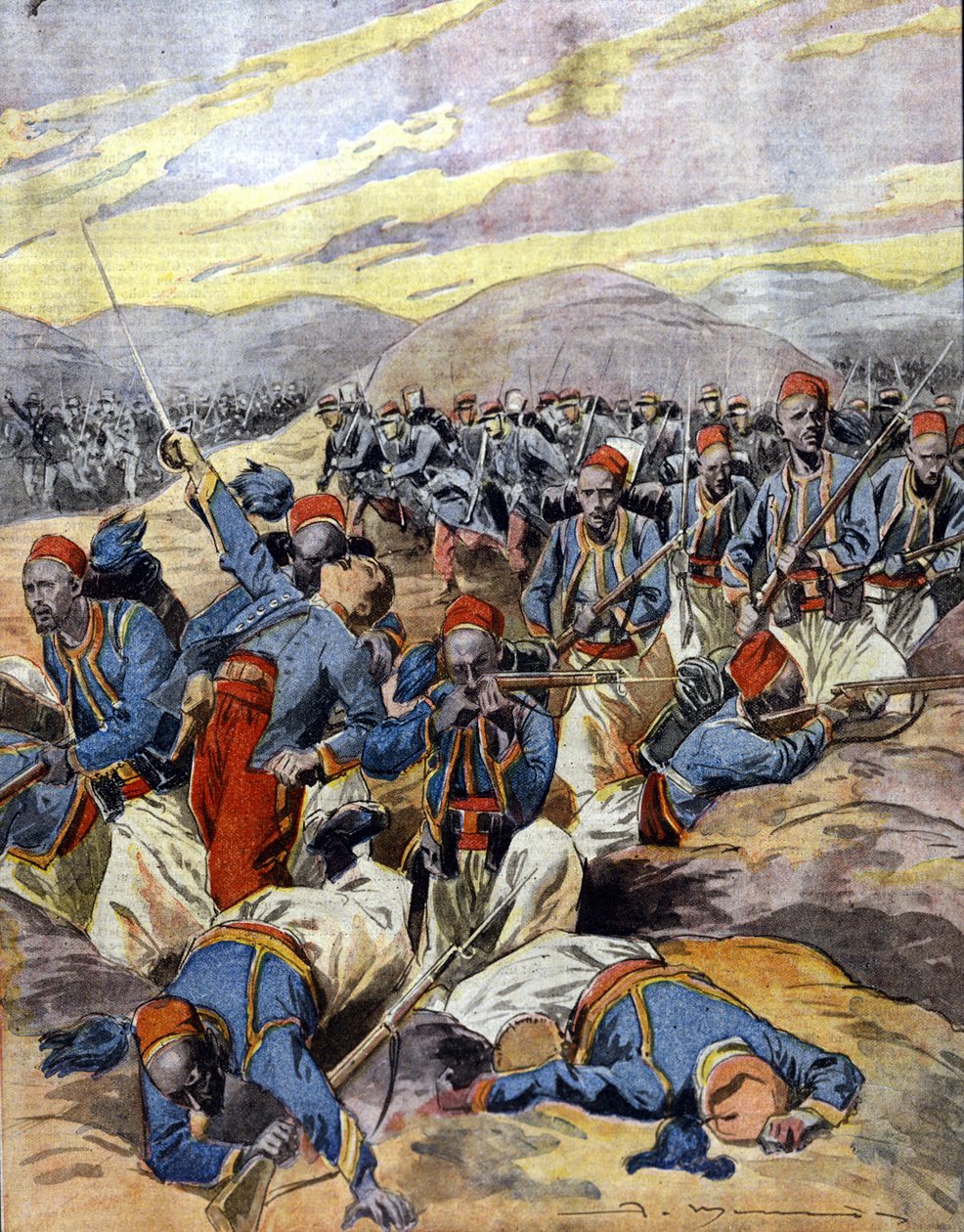 حرب 1914 - 1918: فرسان أفارقة من الجيش الاستعماري الفرنسي في كثبان فلاندرز. 1914. بواسطة فنان غير معروف