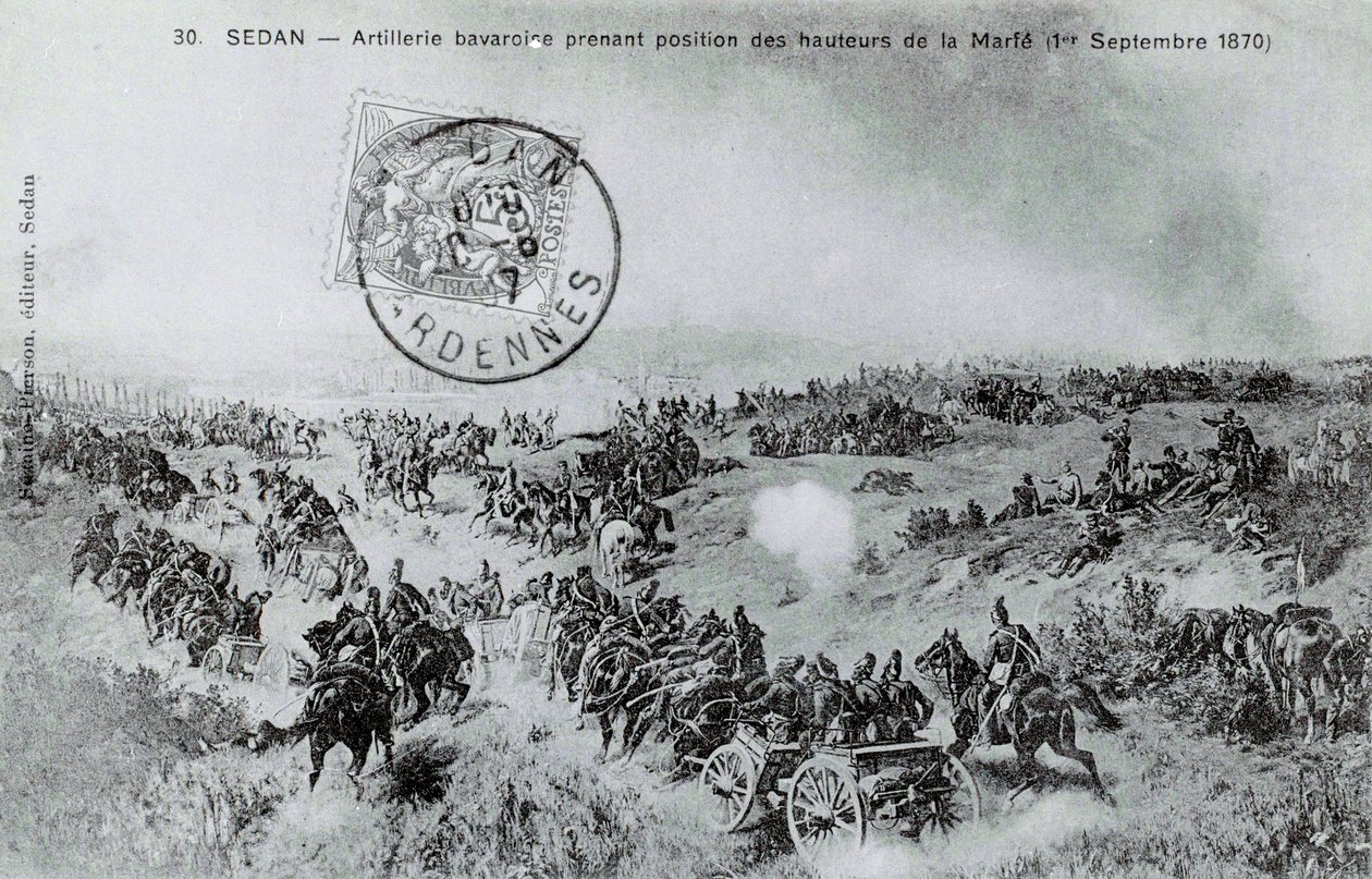 حرب 1870: المدفعية البافارية تتخذ مواقعها من مرتفعات مارفي في آردين في 1870/9/1 م. نقش من عام 1870 بواسطة فنان غير معروف