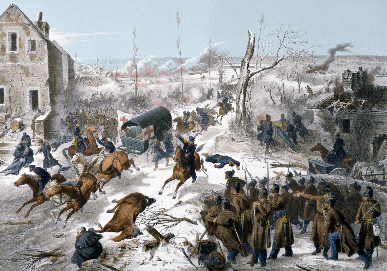 حرب 1870 بين فرنسا وبروسيا: الصليب الأحمر أثناء معركة باباوم في باس دي كاليه في 2 و 3/1/1871 التي شهدت انتصار جيش الشمال بقيادة الجنرال فيدربه ضد البروسيين بواسطة فنان غير معروف