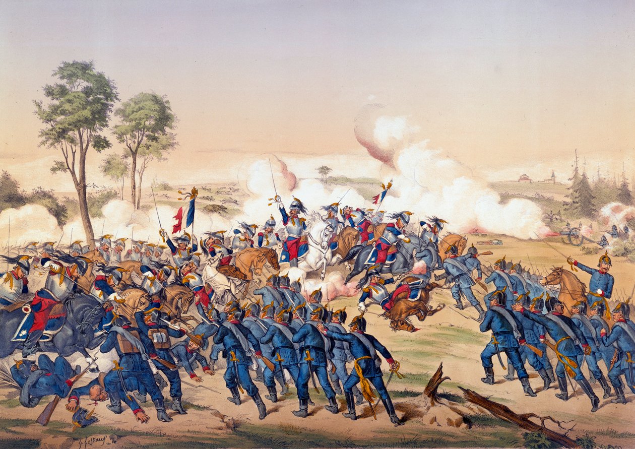 حرب 1870: شحن البوارج في معركة Froeschwiller Woerth (Froeschwiller-Woerth) في 06/08/1870 والتي شهدت انتصار ألمانيا - الطباعة الحجرية عام 1870. باريس ، NL بواسطة فنان غير معروف