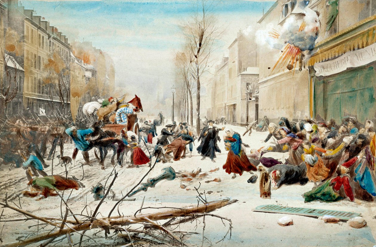 حرب 1870: حصار باريس عام 1870 ، قصف من قبل البروسيين. سكان باريس يغادرون المناطق التي تعرضت للقصف تحت الثلوج. لوحة مائية من القرن التاسع عشر. باريس ، Musee de l'Armee بواسطة فنان غير معروف