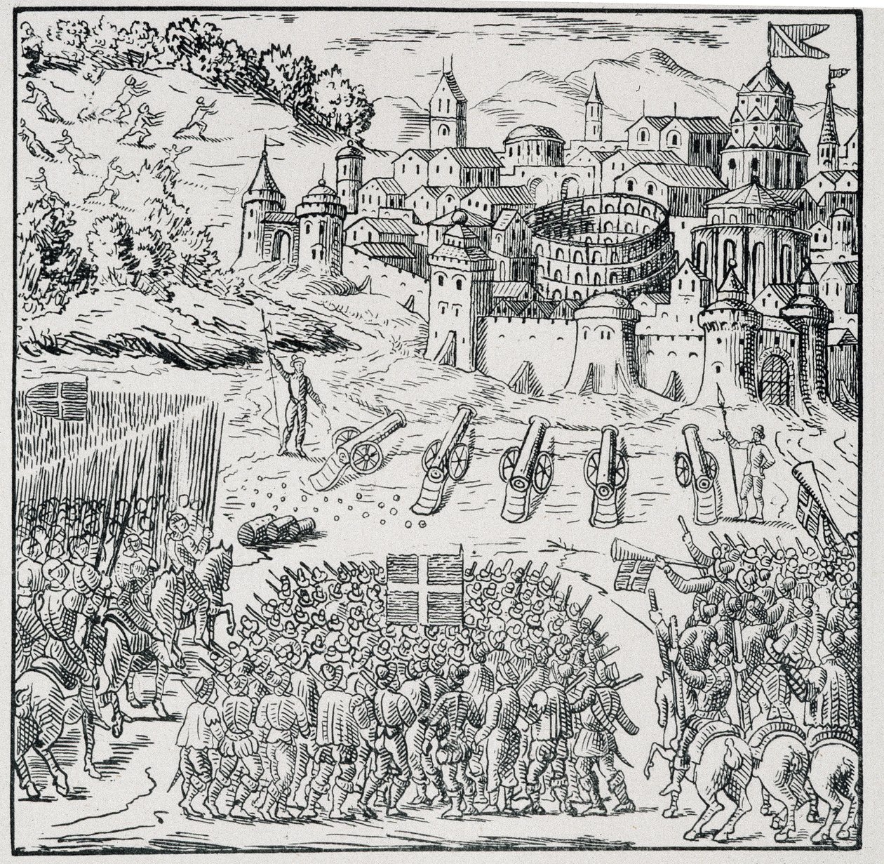 حرب الأديان: مدينة نيم التي حاصرها جيش الملك (هنري الثالث) عام 1576 - في "" مجموعة من 39 شخصية تمثل نكبات فرنسا من 1562 إلى 1586 "" ، توقيع لويس بيرين. بواسطة فنان غير معروف