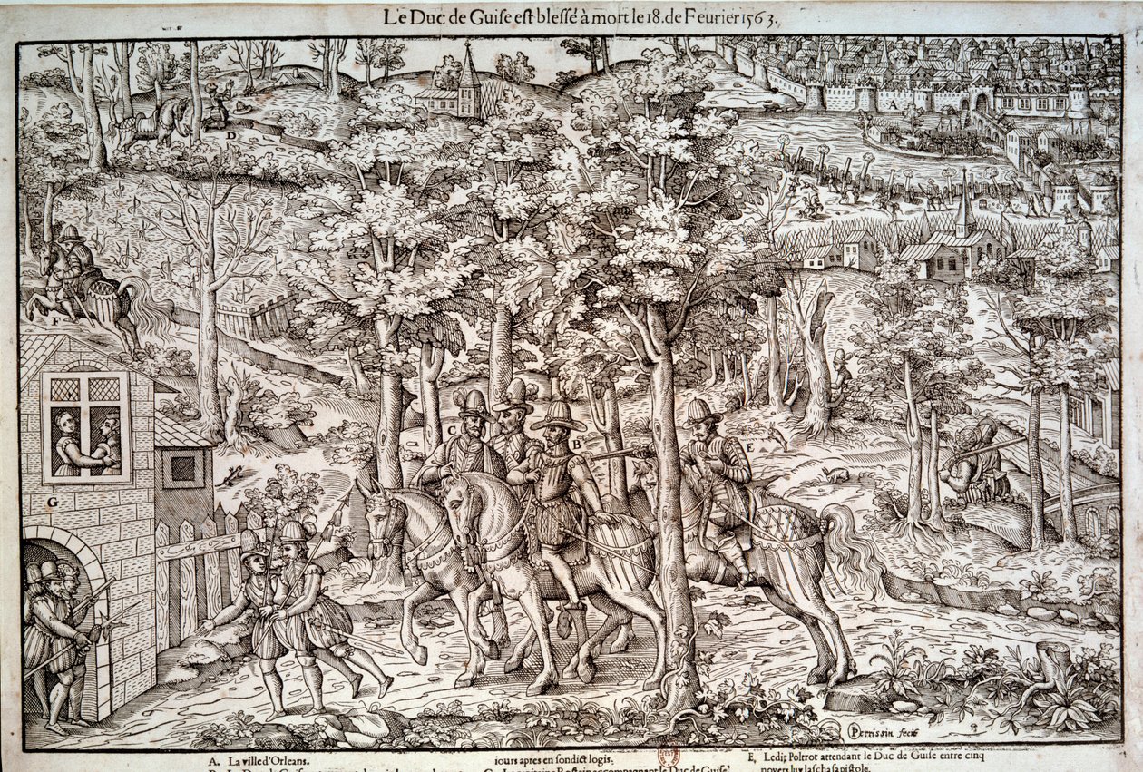 حروب الأديان 1562-1598 "" اغتيال فرانسوا الأول من لورين (1519-1563) دوق Guise الثاني في 18/02/1563. زعيم كاثوليكي ، قتل على يد الكالفيني جان دي بولتروت دي مير أو ميري. نقش القرن السادس عشر. باريس ، BN بواسطة فنان غير معروف