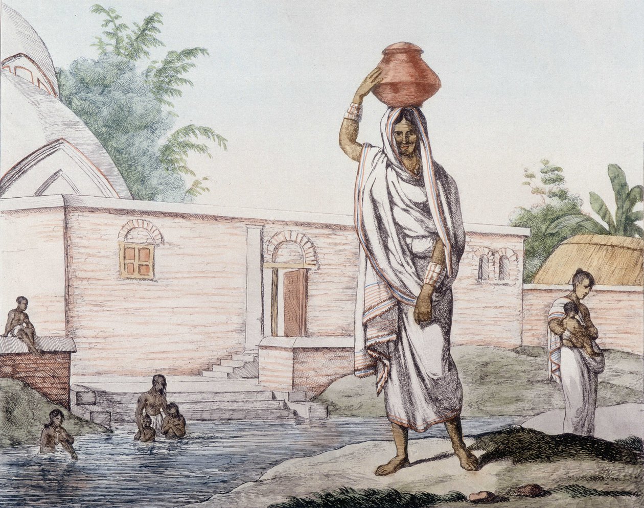 حاملة مياه بالقرب من نهر هوغلي (النهر الهندي) في كلكتا (أو كولكاتا) ، الهند. بواسطة فنان غير معروف