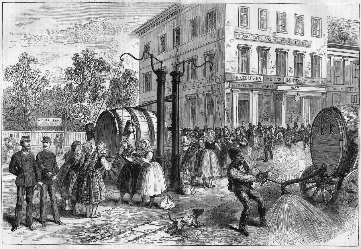 نظام الري في شوارع فيينا بالنمسا عام 1873. بواسطة فنان غير معروف