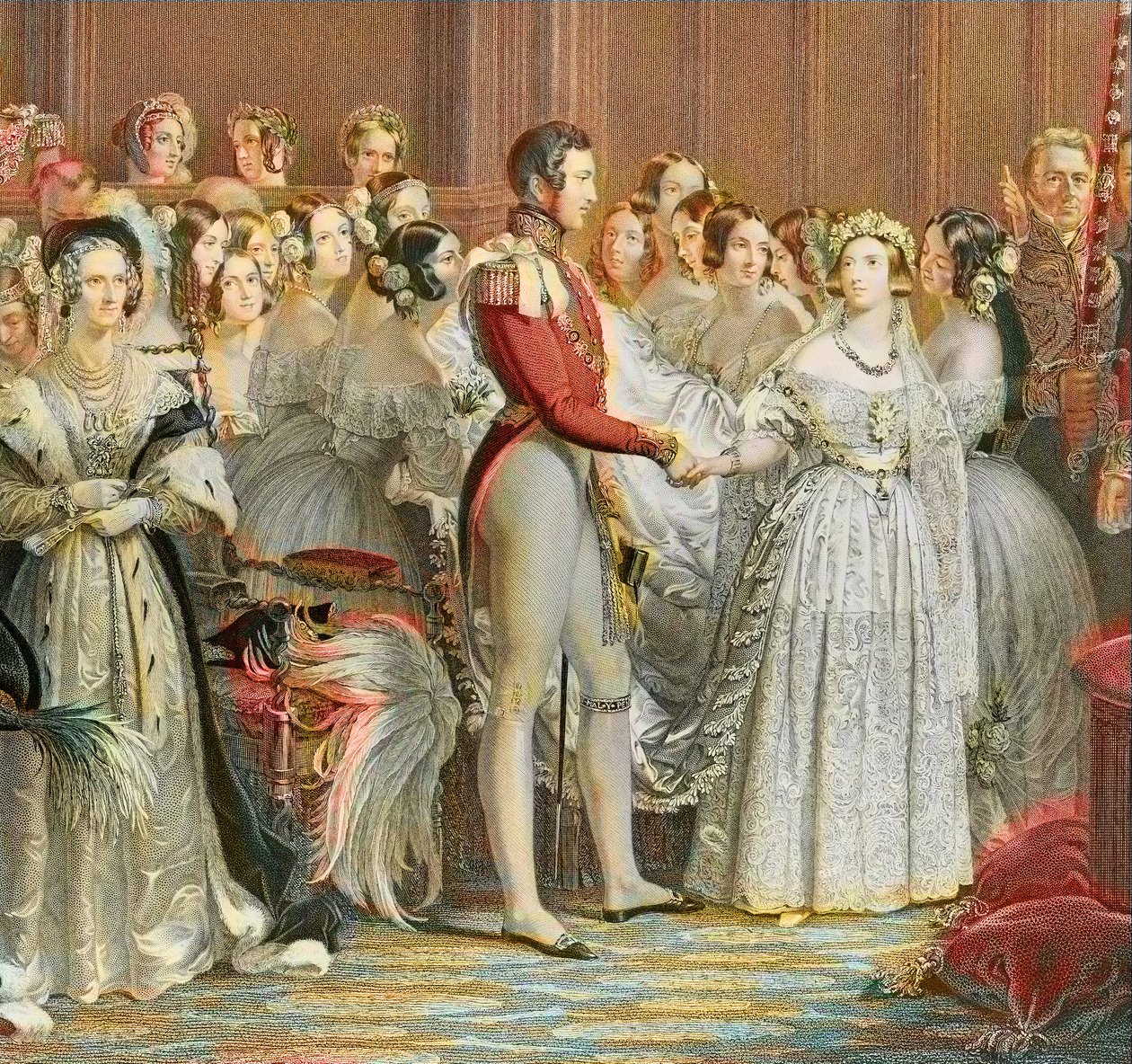 زفاف الملكة فيكتوريا مع الأمير ألبرت من ساكسونيا كوبورغ جوتا في قصر سانت جيمس بلندن العاشر من فبراير 1840 (نقش) بواسطة فنان غير معروف