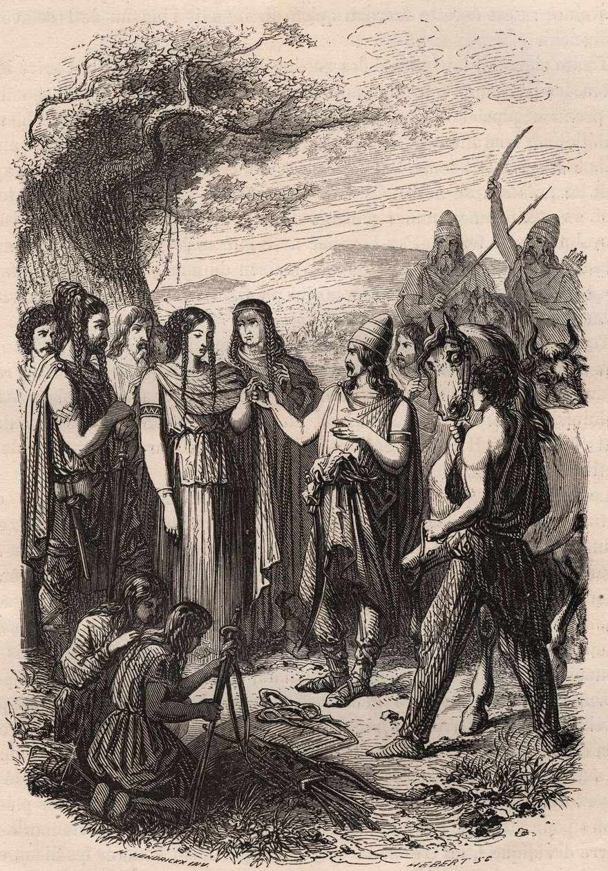 مراسم الزفاف في الألمان. نقش من عام 1868 في "Histoire de Belgique من العصور البدائية حتى نهاية عهد ليوبولد الأول" بقلم ثيودور جوست (1818-1888). مجموعة خاصة. بواسطة فنان غير معروف