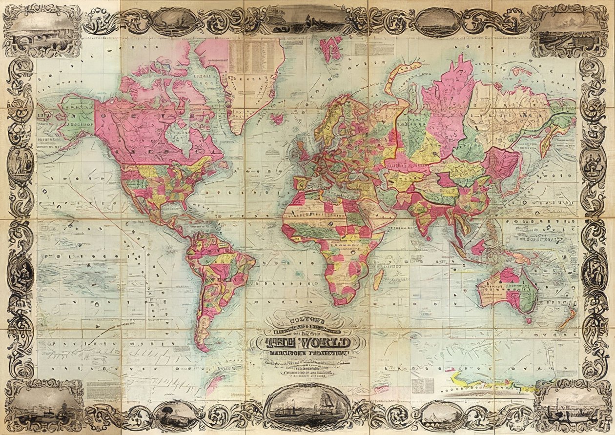 خريطة العالم في إسقاط ميركاتور. 1854 بواسطة غير معروف