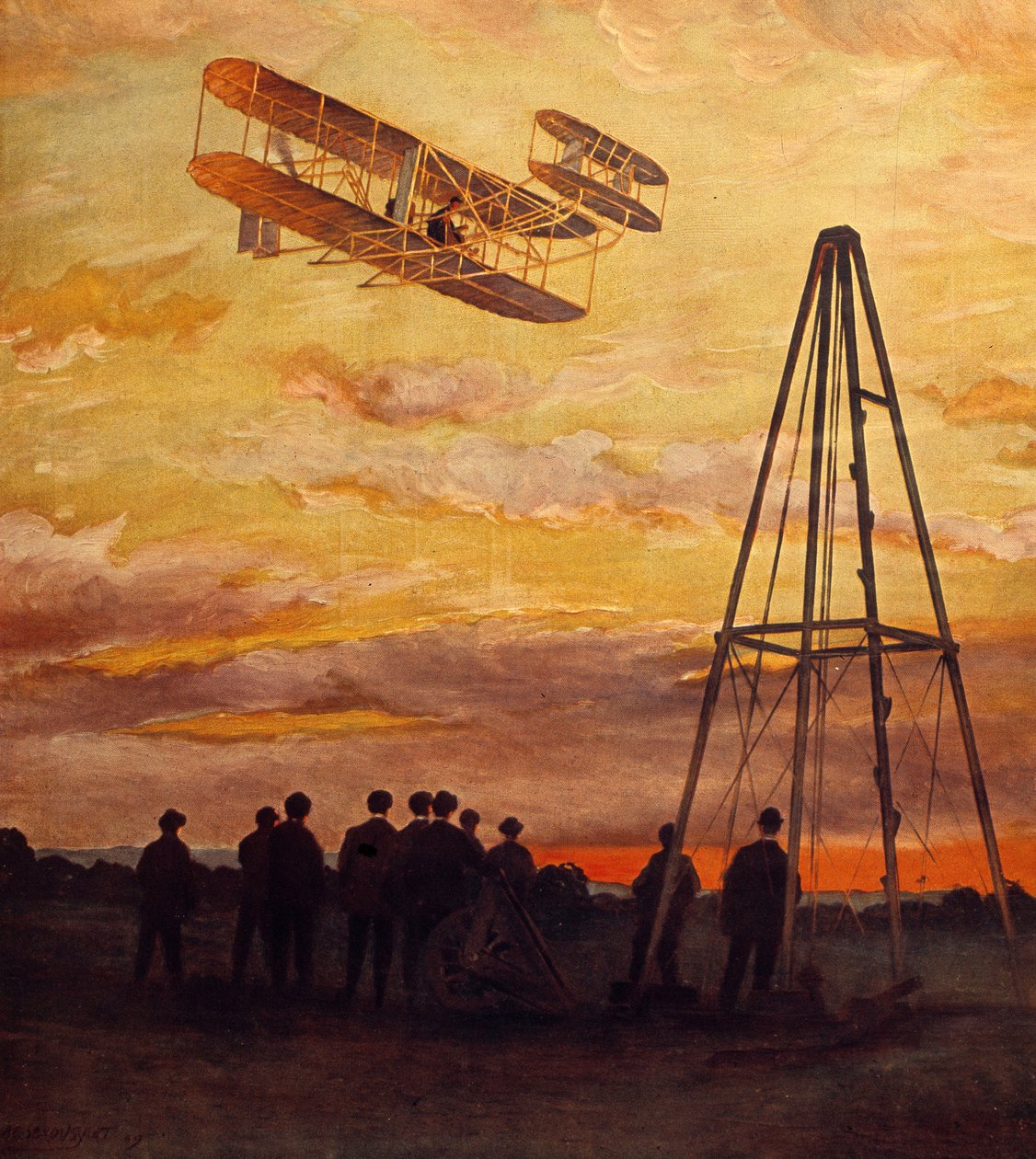 طائرة ويلبر رايت (1867-1912) أثناء الطيران بواسطة فنان غير معروف
