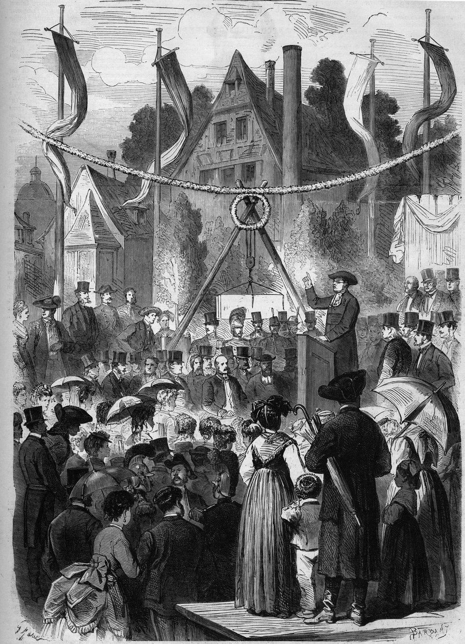 Wissembourg ، الألزاس ، فرنسا 1869: وضع الحجر الأول للمعبد الإسرائيلي. بواسطة فنان غير معروف