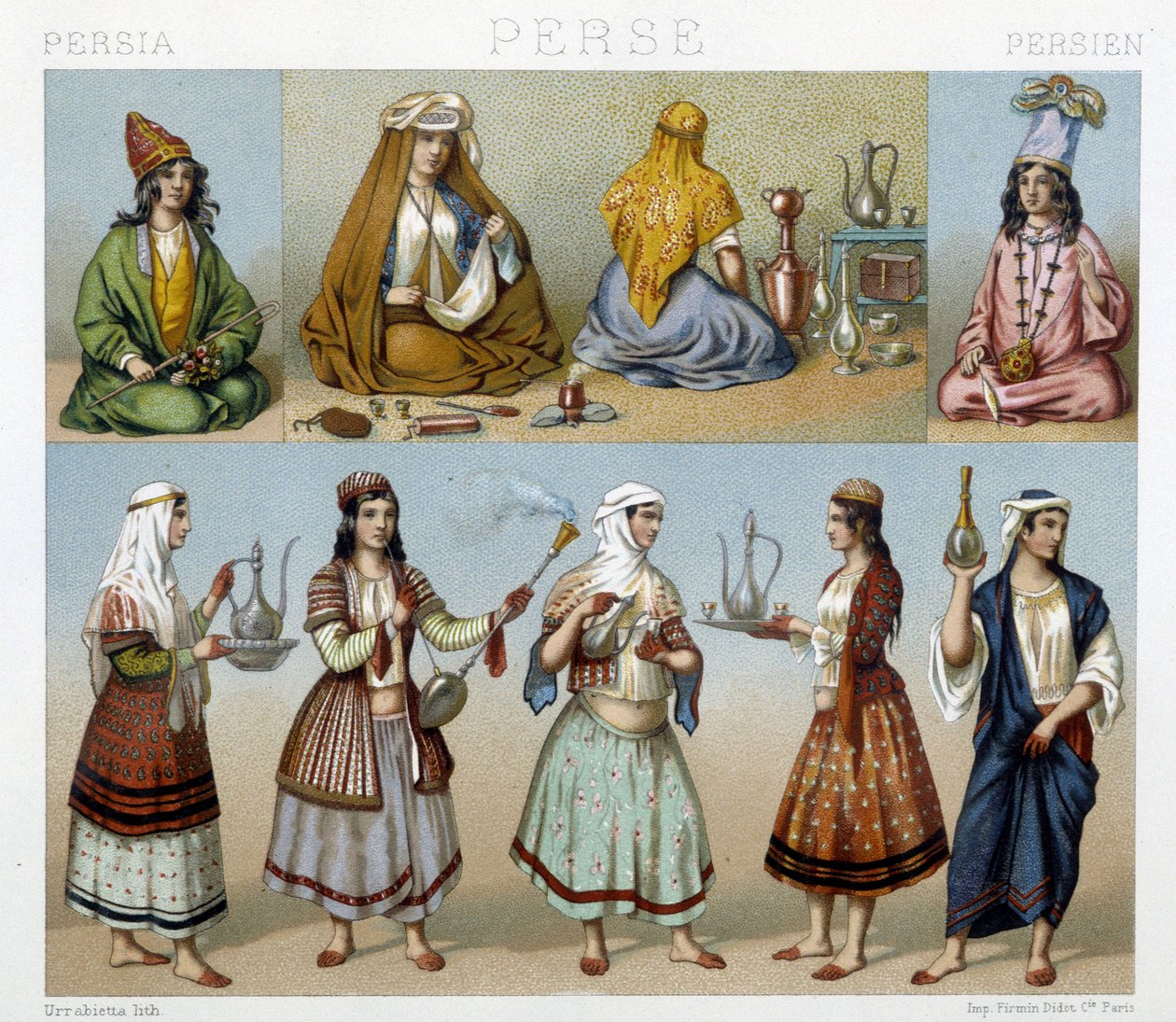 نساء يحضرن الشاي والأزياء النسائية في بلاد فارس - في "" الزي التاريخي "للفنان Racinet بواسطة فنان غير معروف