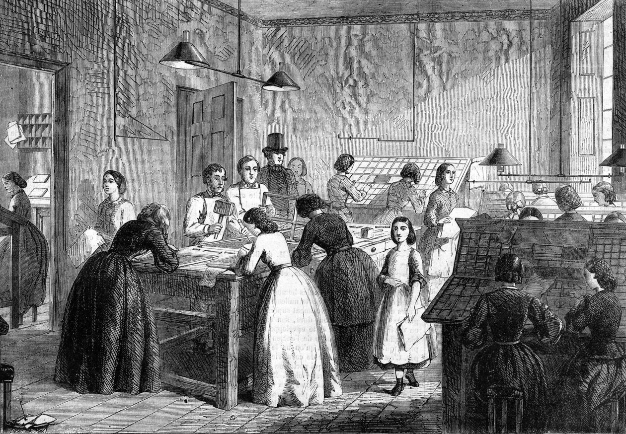 ورشة طباغرافيا نسائية في باريس عام 1865 بواسطة فنان غير معروف