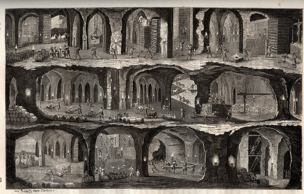 العمل في منجم الملح Wieliczka - بلدة التعدين في بولندا - منظر لأعمال تحت الأرض في مناجم الملح في Wieliska ، في Gallicie - نقش في "Les Merveilles de l'Industrie" بواسطة Louis Figuier بواسطة فنان غير معروف