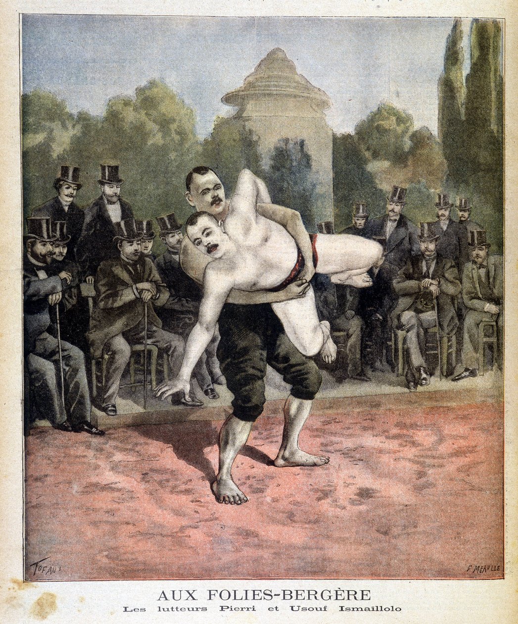 المصارعان بييري وأوسوف إسماعيلولو في فوليس بيرجيرز في باريس. في مجلة Le Petit في 31/03/1895. بواسطة فنان غير معروف
