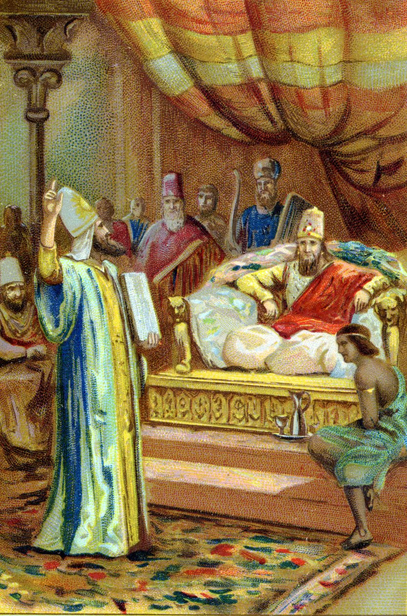 زرادشت (زرادشت ، زرادشترا ، زرادشت أو زرادشت) ، نبي إيراني ومصلح ديني (القرن السادس قبل الميلاد) في بلاط ملك باكتريس. الطباعة الحجرية الملونة من القرن التاسع عشر. بواسطة فنان غير معروف