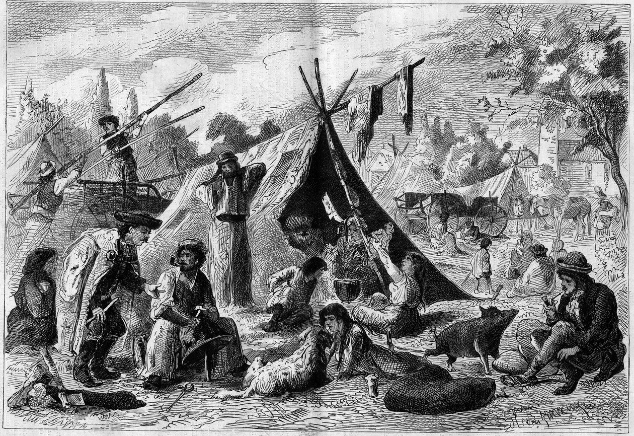 معسكر زينغاري (معسكر بوهيمي) في ضاحية فيينا بالنمسا عام 1873. بواسطة فنان غير معروف