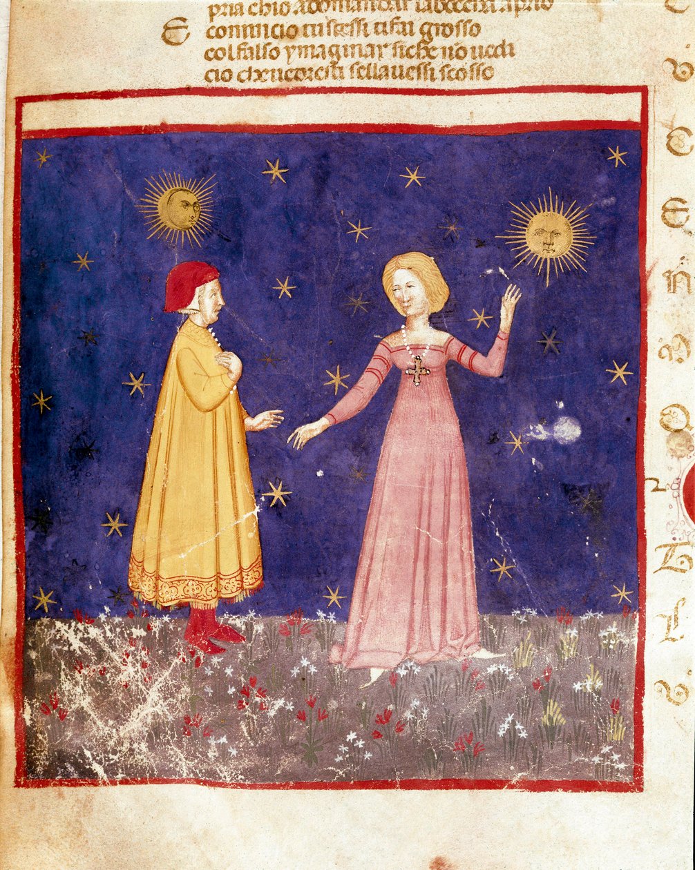 الجنة الأولى: دانتي يلتقي بياتريس في الجنة. صفحة مضيئة توضح أغنية الفردوس من "Divina Commedia" لدانتي أليغييري (1265-1321). القرن الرابع عشر ، البندقية ، مكتبة مارسيانا بواسطة فنان غير معروف