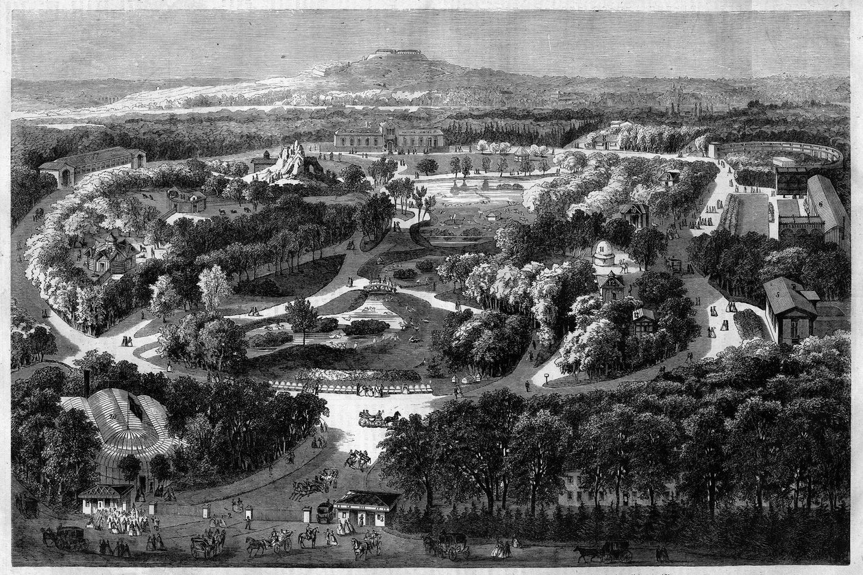 منظر عام لحديقة التأقلم مع Bois de Boulogne التي قدمها وافتتحها نابليون الثالث في عام 1860 ، حيث تجمع بين الطبيعة والنباتات المورقة والحيوانات الغريبة ، في "" l'univers illustrious " بواسطة فنان غير معروف