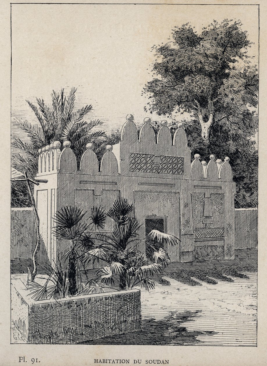 سكن السودان (السودان) - نقش عام 1889 في "تاريخ سكن الإنسان في المعرض العالمي لعام 1889 ، بواسطة السيد تشارلز غارنييه - Librairie centrale des beaux-Arts Paris 1889 بواسطة فنان غير معروف