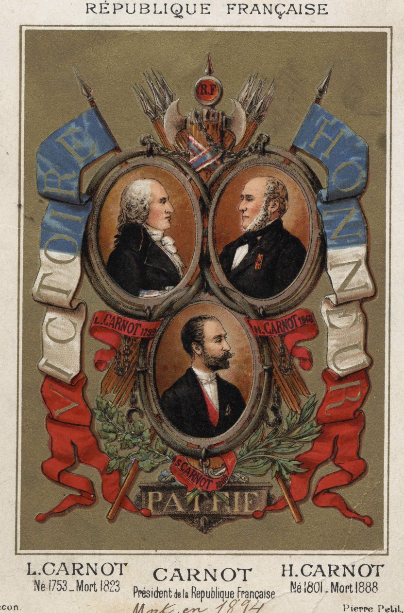 صور شخصية لازار كارنوت السياسي الفرنسي (1753-1823) وهيبوليت كارنو (1801 إلى 1888) وسادي كارنو رئيس الجمهورية الفرنسية. بواسطة فنان غير معروف
