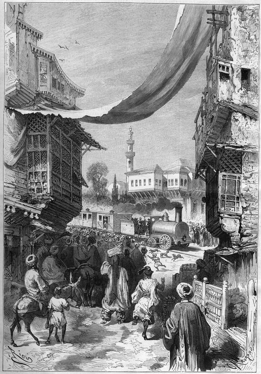 وصل أول قطار سكة حديد إلى القسطنطينية عام 1872. بواسطة فنان غير معروف