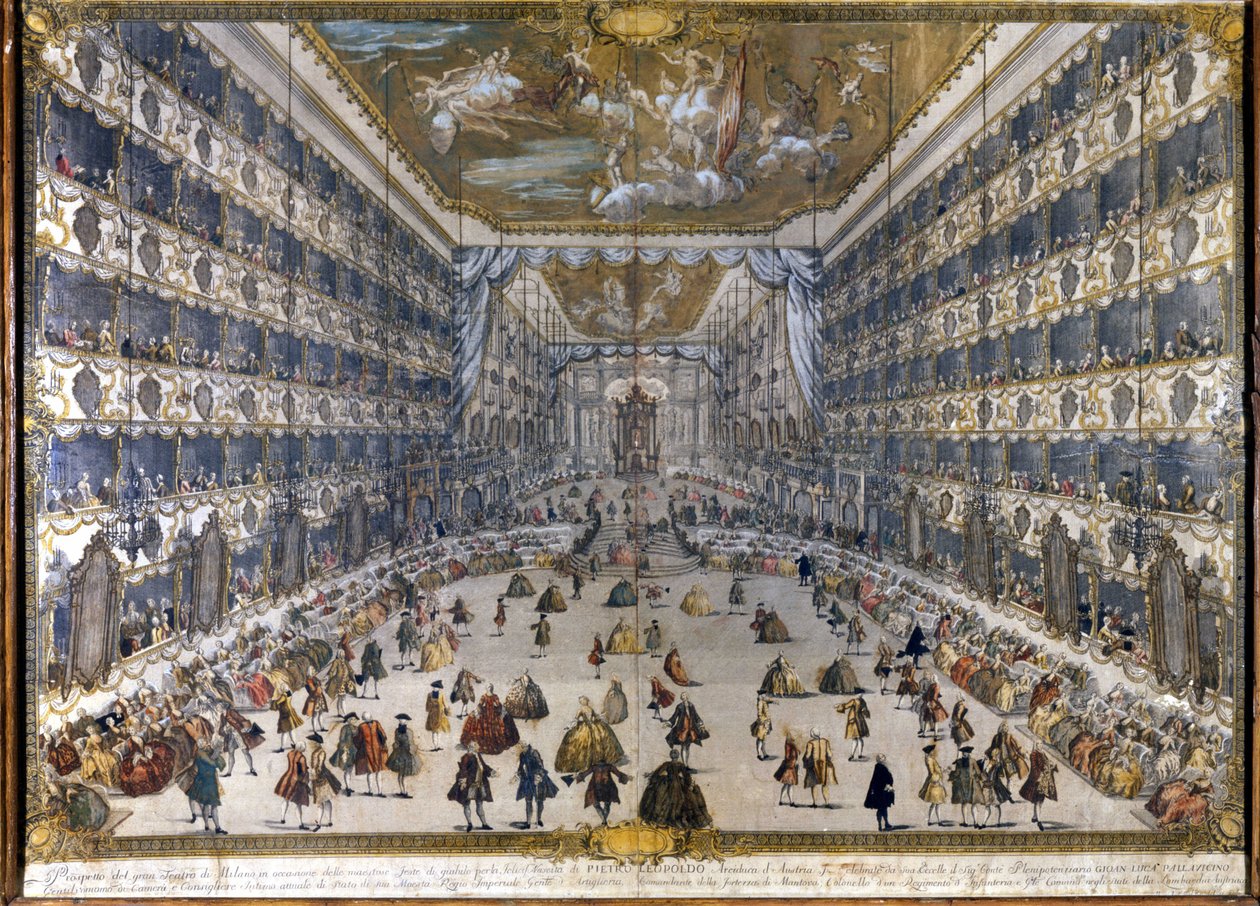 (مسرح Regio Ducal في ميلانو) Teatro regio Ducale في ميلانو (أصبح تياترو ألا سكالا بعد الحريق): وليمة لميلاد بيتر ليوبولد ، أرشيدوق النمسا ، ثم ليوبولد الثاني ، إمبراطور النمسا (1747-1792). 28/5/1747. بواسطة فنان غير معروف