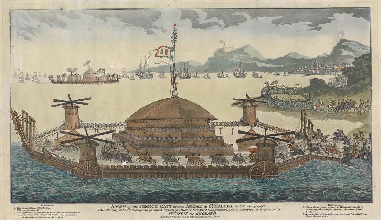منظر للطوافة الفرنسية ، كما شوهد عائمًا في سانت مالوس ، في فبراير 1798. يبلغ طول الماكينة 600 قدم وعرضها 300 قدمًا ، وتتسع 500 قطعة من المدفع و 36 و 48 رطلًا ، ومن المقرر أن تنقل 15000 جندي وغزو إنجلترا. بواسطة فنان غير معروف