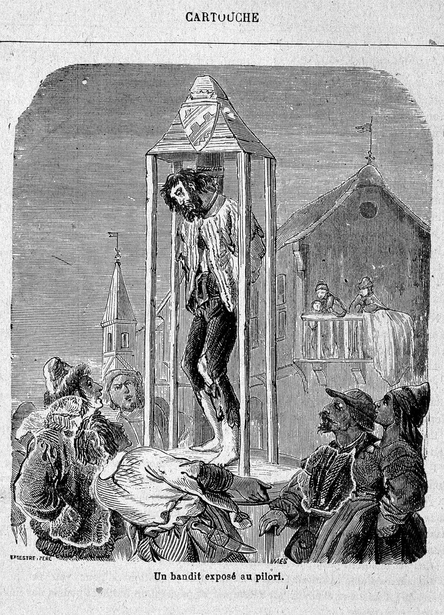 A bandit exposed to the pillory - in “” Cartridge, king of the bandits””, by Grandpré بواسطة فنان غير معروف