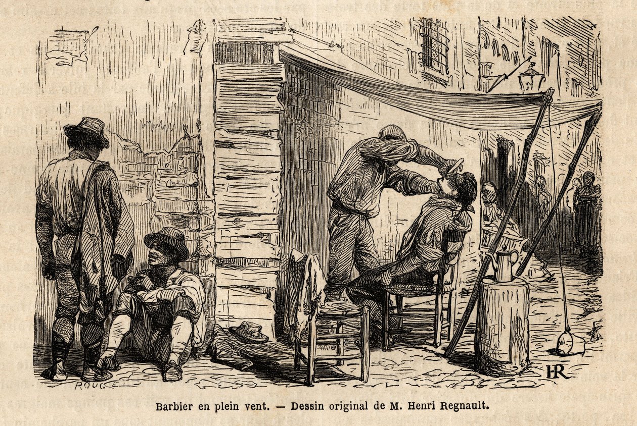 حلاق في مهب الريح في شوارع روما. نقش لتوضيح الرحلة إلى روما ، بقلم فرانسيس وي ، في 1864-1868 ، نُشر في "Le tour du monde ، nouveau journal des voyages" ، تحت إشراف إدوارد شارتون بواسطة فنان غير معروف