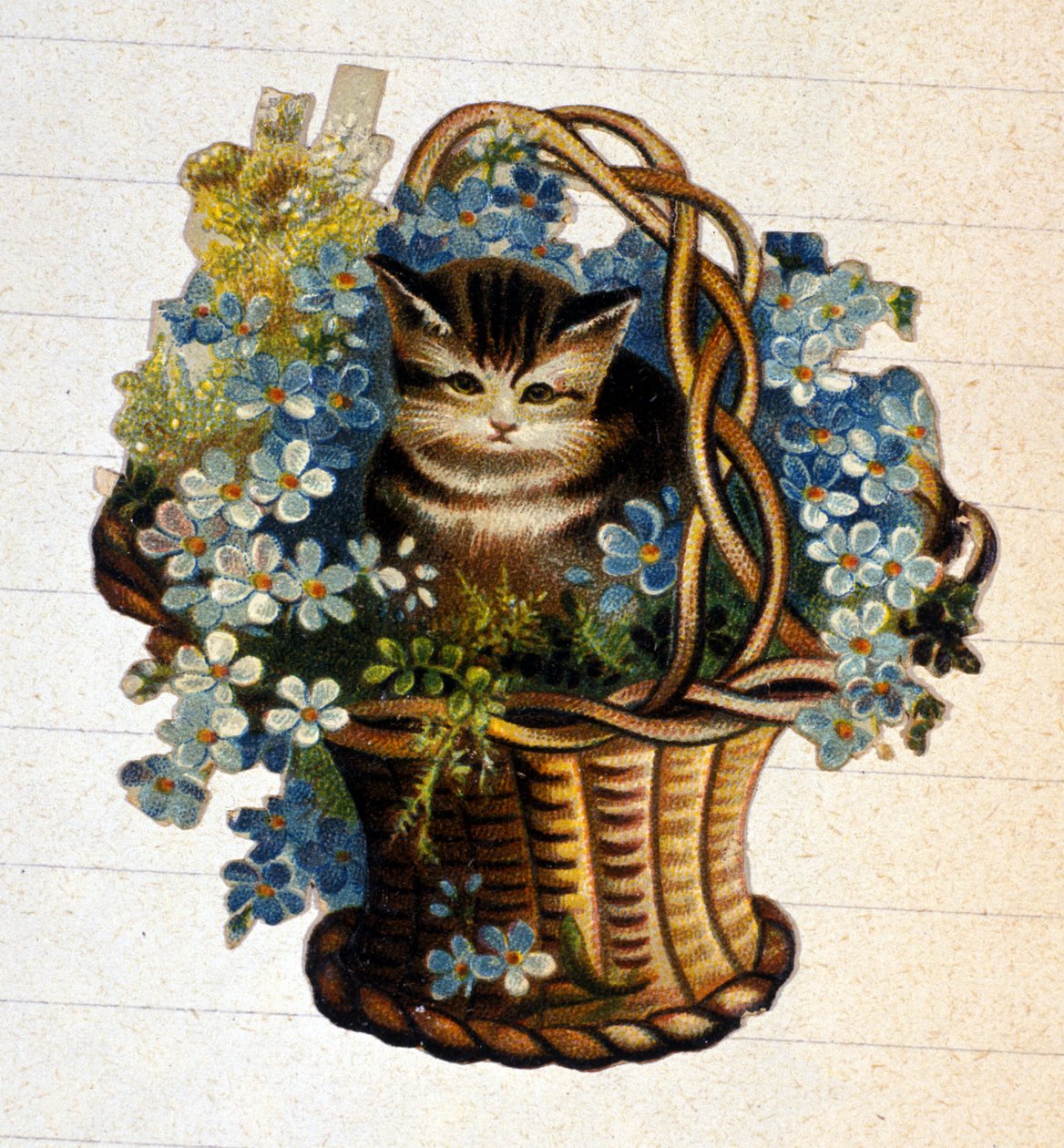 A cat in a basket of flowers. 19th century chromolithography. بواسطة فنان غير معروف