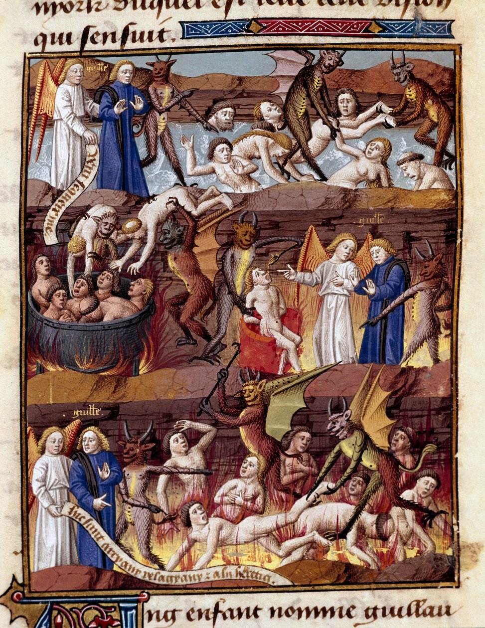 يلاحظ طفل يدعى غيوم عذاب السدود في Enfer Miniature في "" Le miroir historyial "(منظار تاريخي) (ms. 1196 صفحة 408 ص) بقلم فينسينت دي بوفيه (1190-1264) ترجمه إلى الفرنسية جان دي فيجناي بواسطة فنان غير معروف