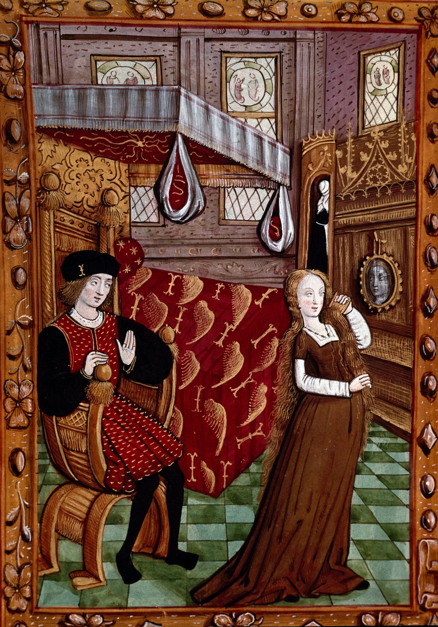 زوجان في غرفة نوم ، المرأة ترتدي صورة مصغرة من "Histoire de Jean III de Brush et de son زوجة Louise de Laval" "(ms. 1475 ، الورقة 6 و) شانتيلي ، متحف كوندي بواسطة فنان غير معروف