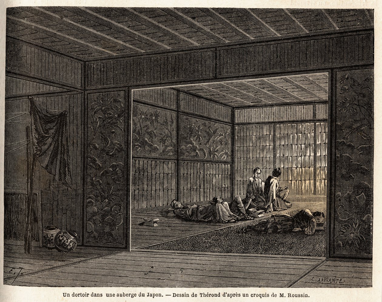 مهجع في نزل في اليابان. نقش لتوضيح الرحلة إلى اليابان في 1863-1864 ، بقلم آيم هامبرت ، وزير الاتحاد السويسري ، في "Le Tour du monde ، nouveau journal des voyages" ، الذي نُشر تحت إشراف إدوارد شارتون بواسطة فنان غير معروف