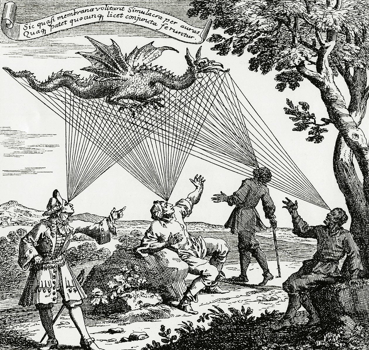 A dragon seen from different visual angles, based on a copper engraving of Zahn