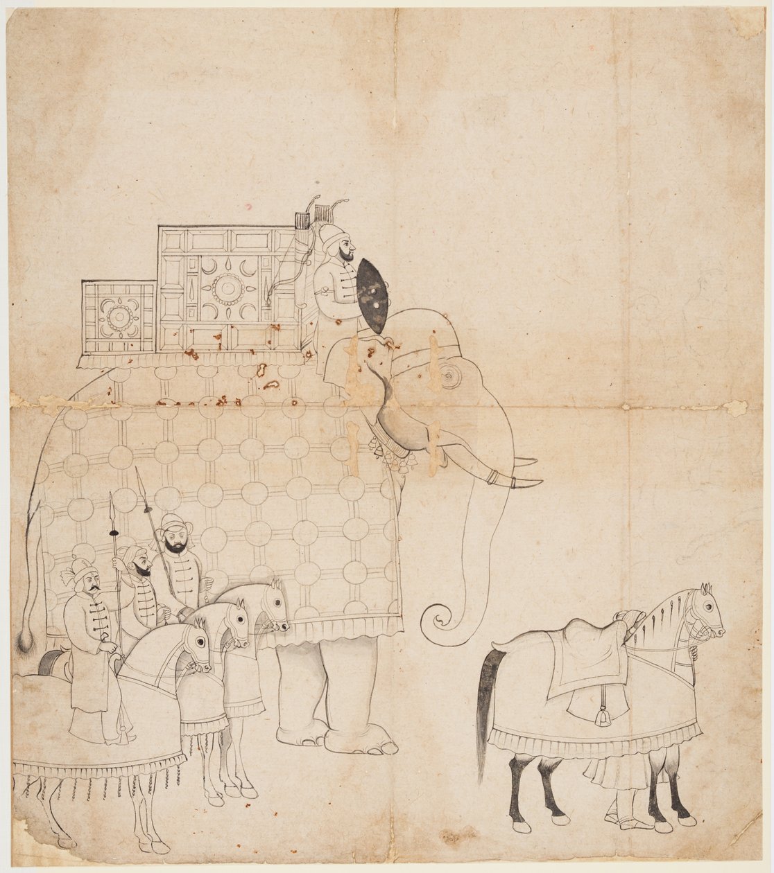 رسم للفيل والخيول Caparisoned بواسطة فنان غير معروف