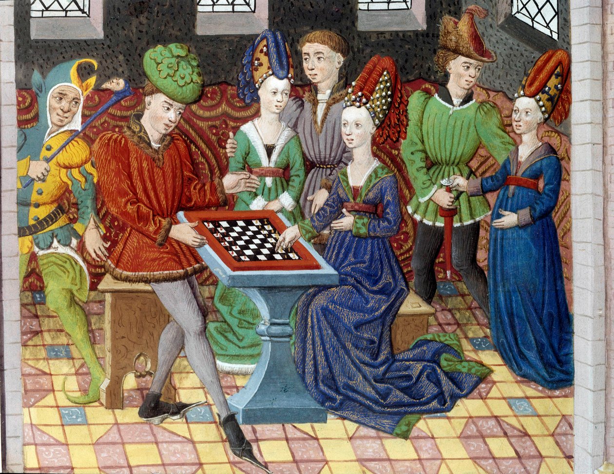 A game of chess between two courtiers in the room of a castle. Minaiture taken from “” History of Alexander the Great”” (or Alexander III of Macedoine (356-323 BC)) بواسطة فنان غير معروف