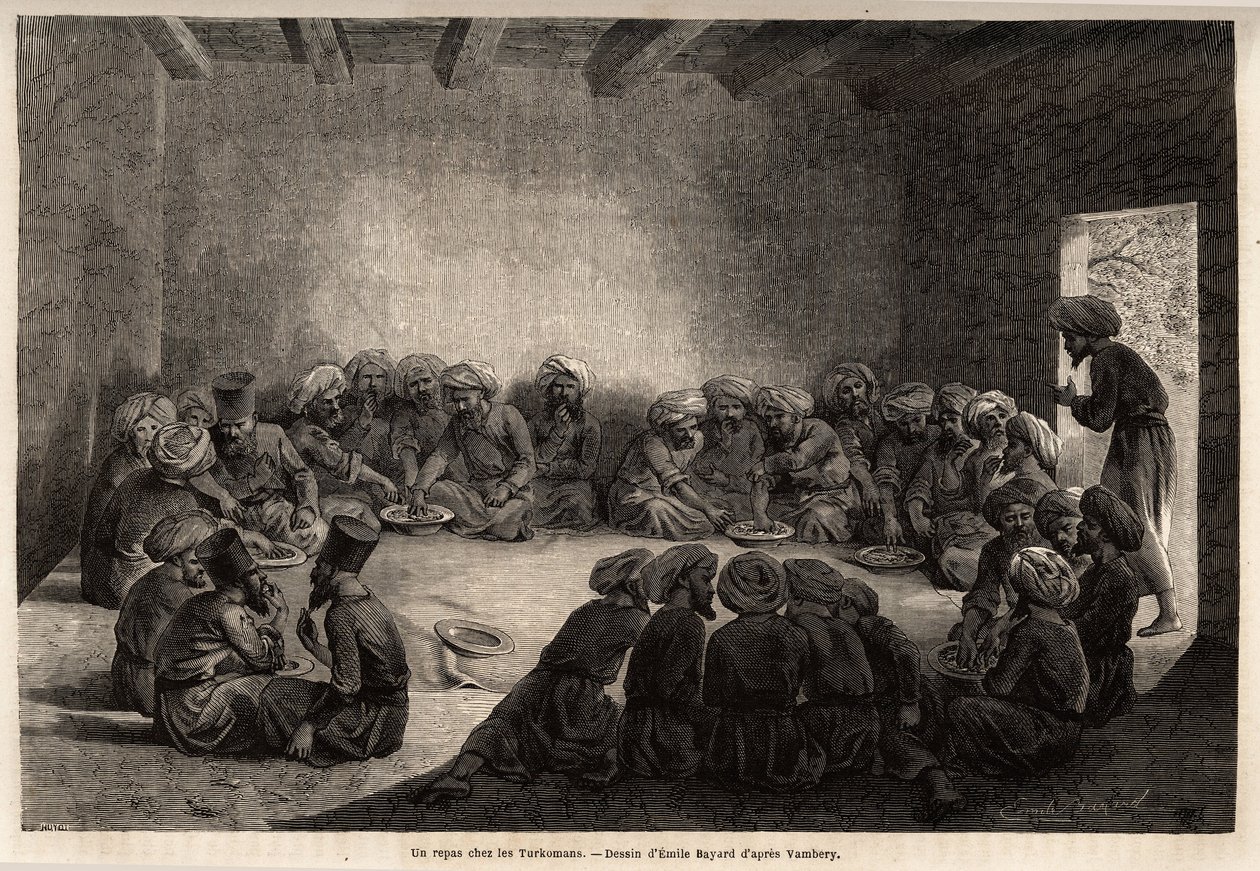 وجبة عند التركمان (العراق). رسم بواسطة إميل بايارد (1837-1891) ، لتوضيح الرحلة إلى آسيا الوسطى ، في عام 1863 ، بواسطة أرمينيوس فامبيري (عالم مجري متنكّر بالدرويش). نقش في "" Le Tour du monde "، تحرير إدوارد شارتون بواسطة فنان غير معروف