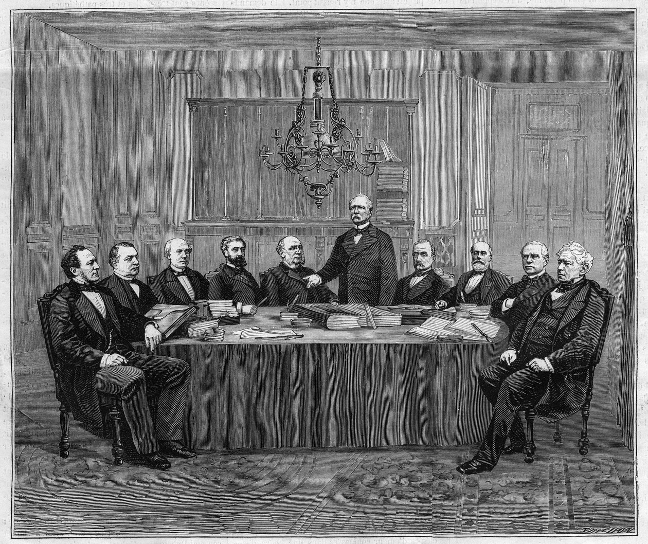 اجتماع لمجلس الوزراء في فرساي. من اليسار إلى اليمين: لويس بوفيه (1818-1898) ، وزير الداخلية ؛ ليون ساي (1826-1896) وزير المالية ؛ هنري والون (1812-1904) ، وزير التعليم العام والعبادة والفنون الجميلة ؛ ألفريد بواسطة فنان غير معروف