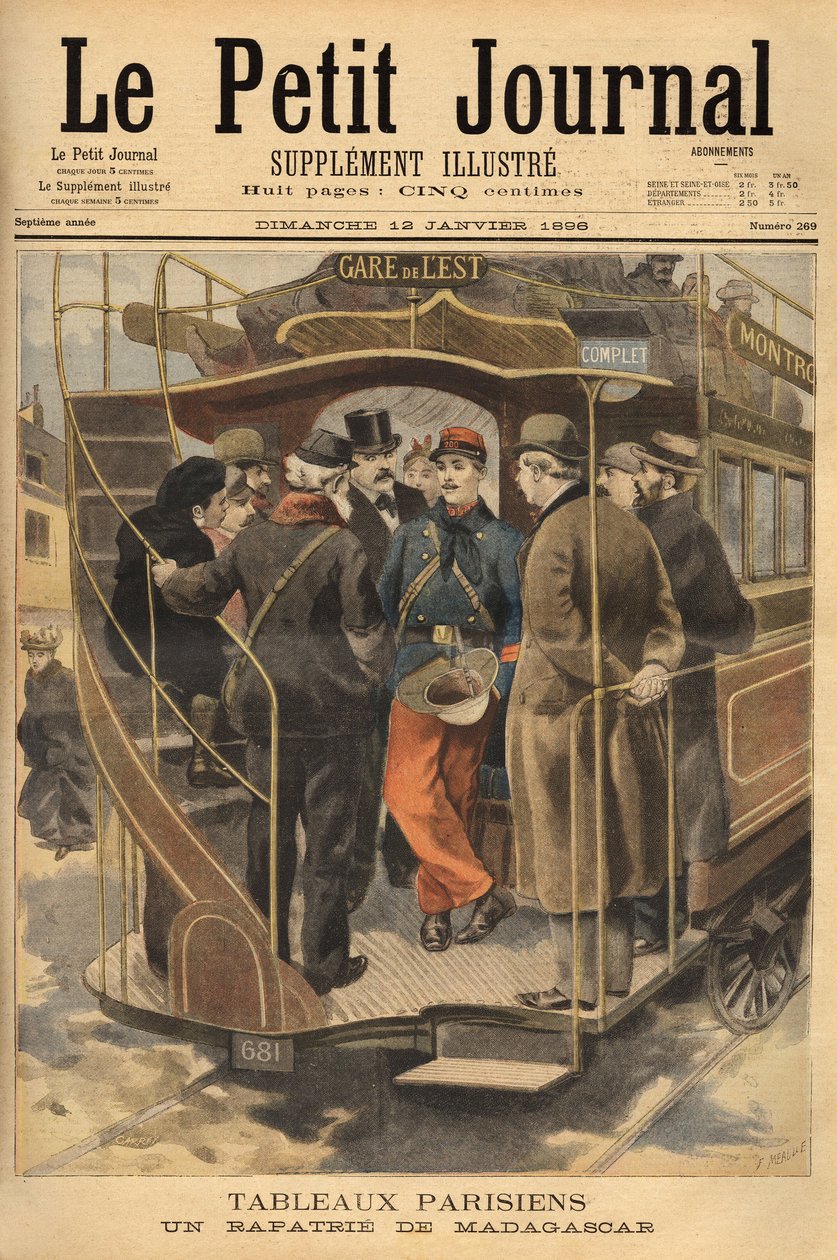 عائد من مدغشقر على المنصة الشاملة ، محاطًا بالحشد الرائع. نقش في "" Le petit journal "" 26/01/1896. مجموعة سيلفا. بواسطة فنان غير معروف