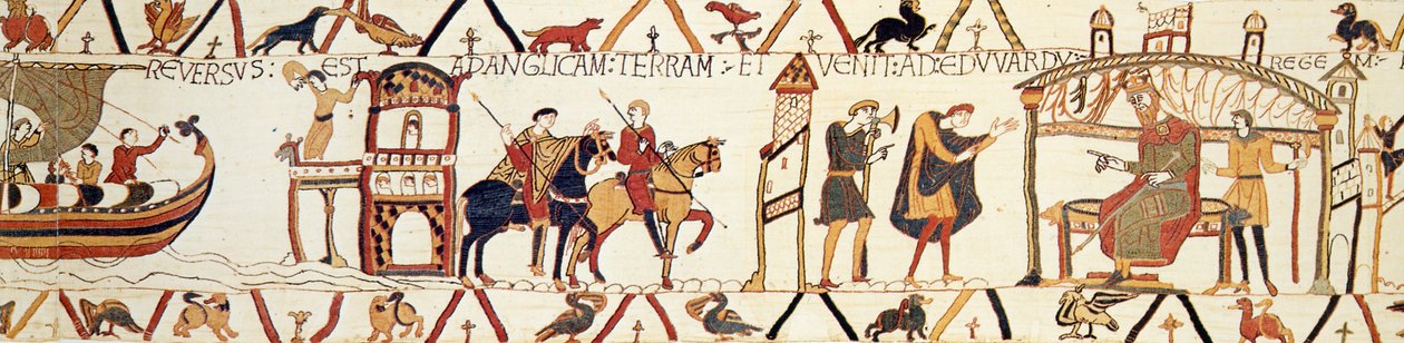 A scene from the Bayeux Tapestry depicting King Edward talking with Harold بواسطة فنان غير معروف