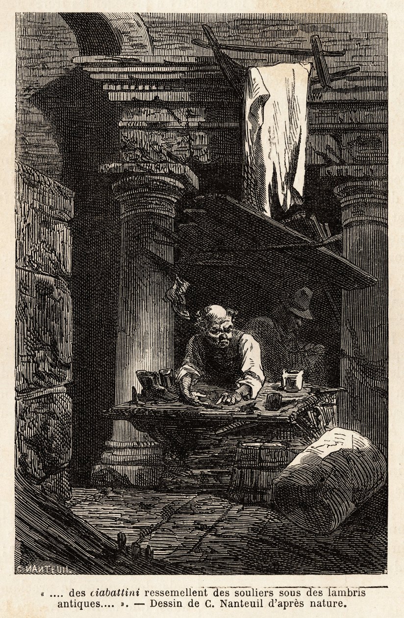 صانع أحذية أقام محله ويعمل في الأطلال القديمة. Engravure pour Illustrrer le voyage à Rome ، بقلم فرانسيس وي ، في 1864-1868 ، نُشر في "" Le tour du monde "" "1869 ، تحرير إدوارد شارتون ، طبعة Hachette ، باريس. مجموعة سيلفا. بواسطة فنان غير معروف